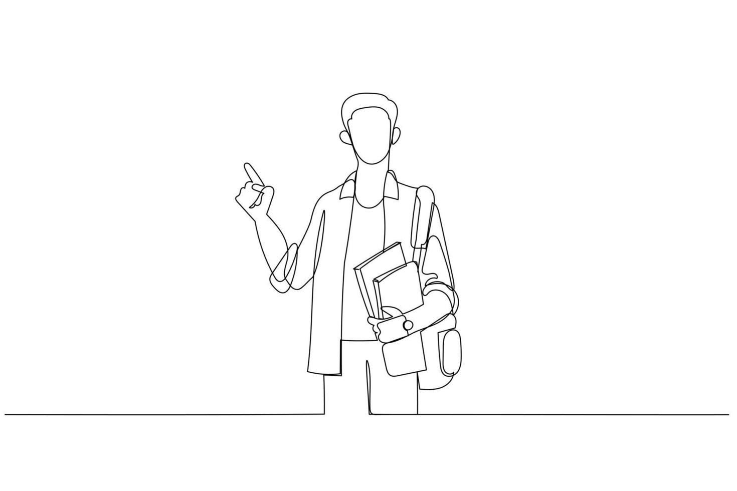 Cartoon of student in casual clothes glasses with backpack hold books pointing index finger up. One line style art vector