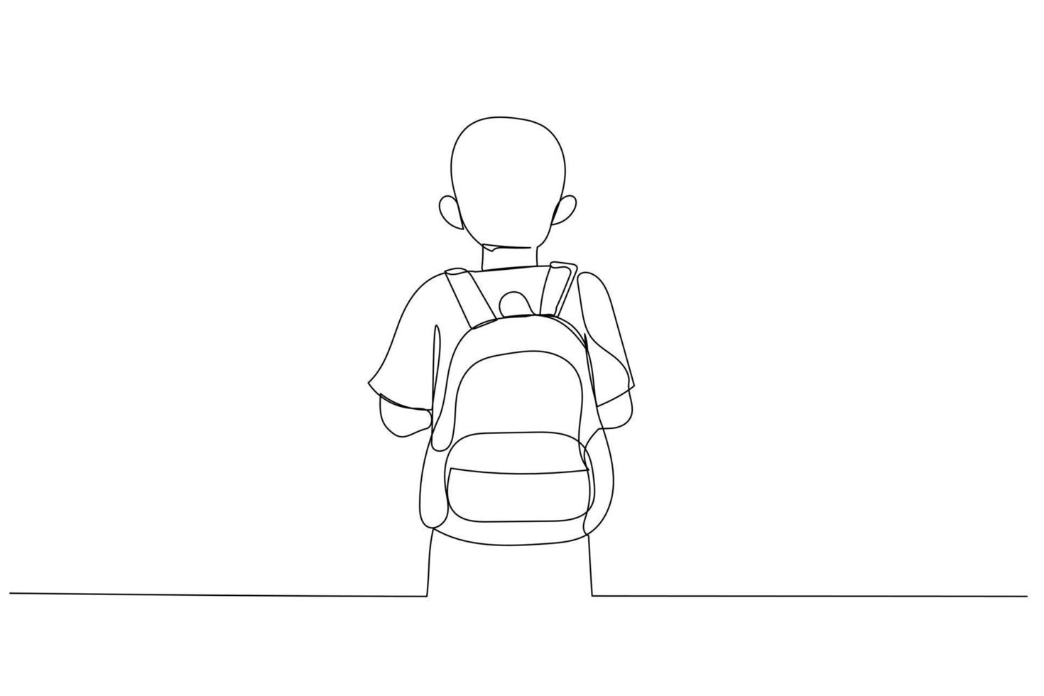 Illustration of back view schoolboy with full backpack go to school. Single line art style vector