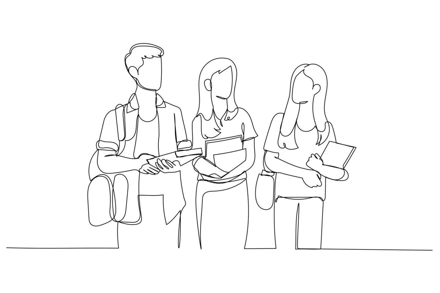 Drawing of group of three students walk together to discuss exam homework. Single continuous line art vector