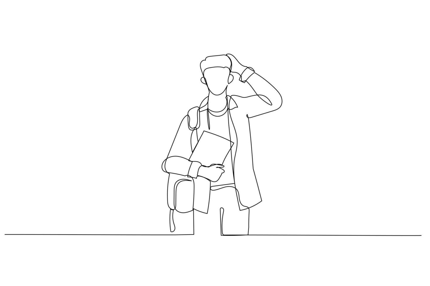 Drawing of young american man wearing student backpack holding book thinking about the test. Continuous line art vector