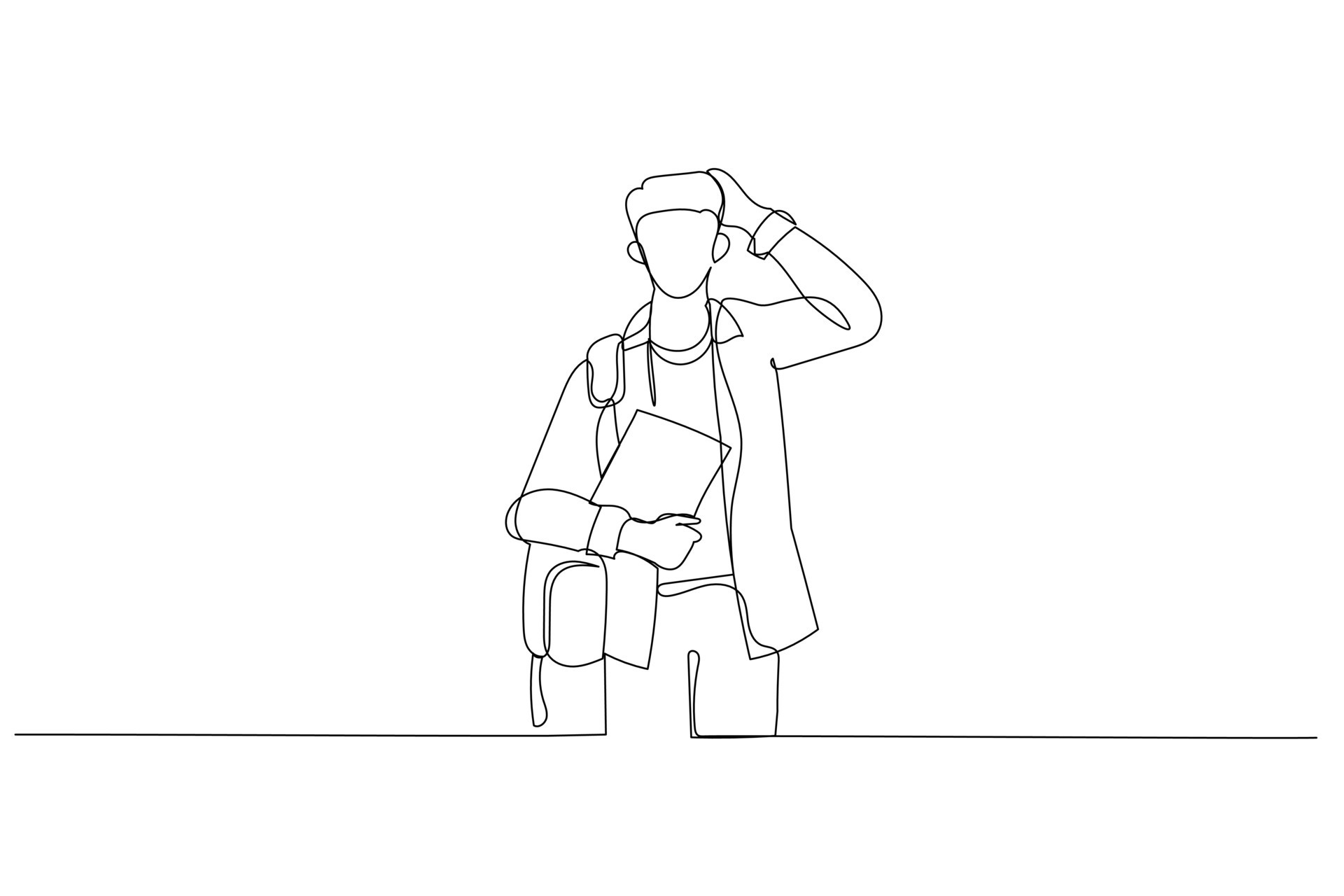 Drawing of young american man wearing student backpack holding book  thinking about the test. Continuous line art 16022871 Vector Art at Vecteezy