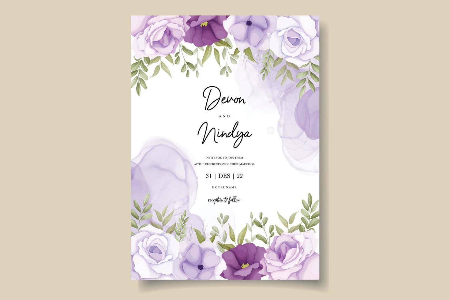 wedding invitation with pretty purple flowers vector