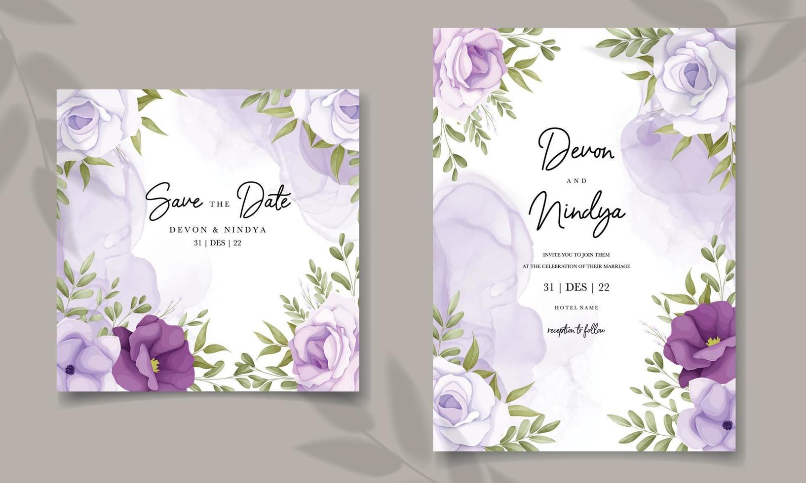 wedding invitation with pretty purple flowers vector