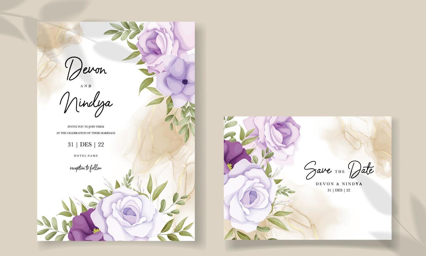 invitación de boda con bonitas flores moradas vector