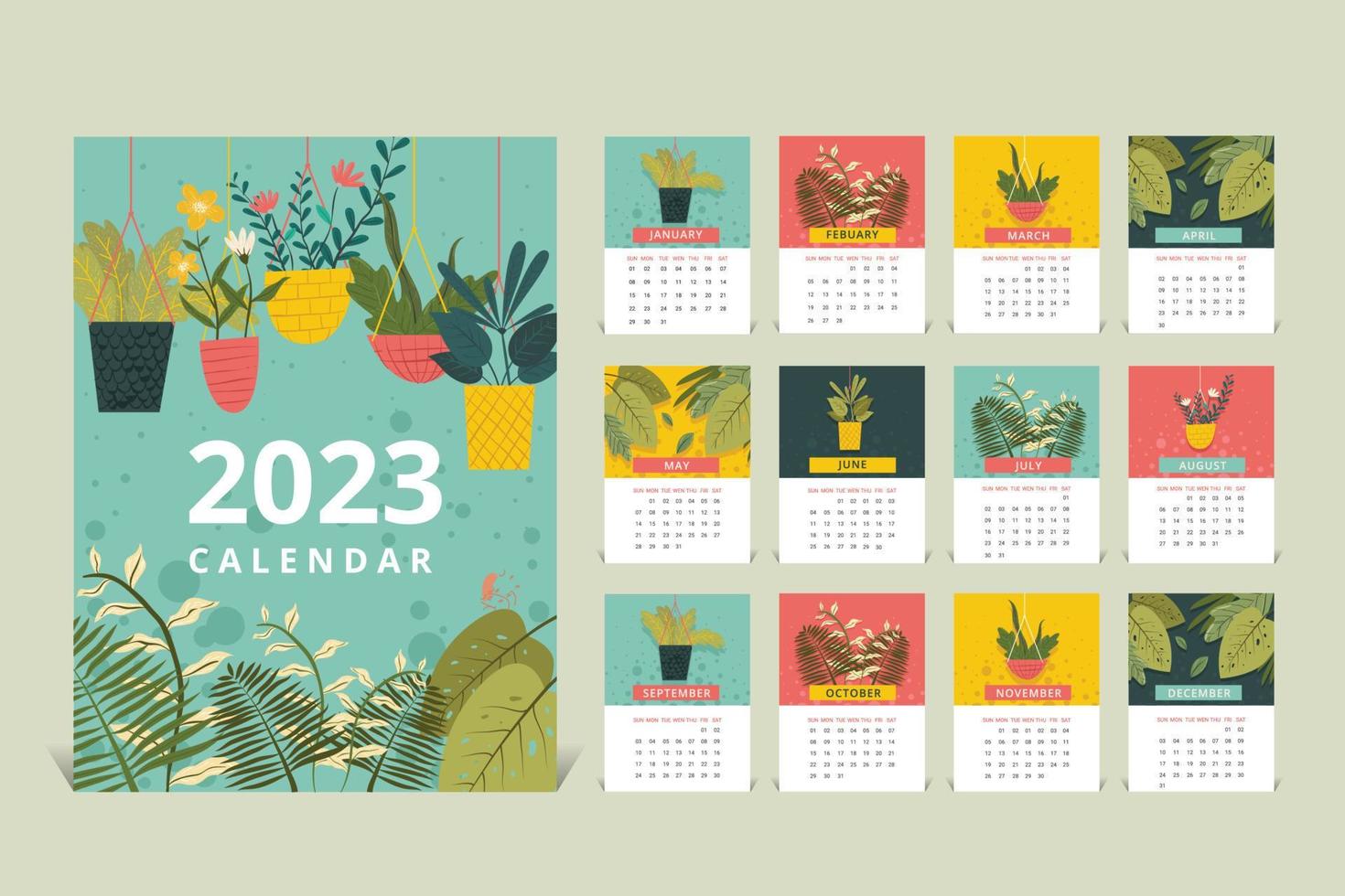 2023 wall calendar template design with nature concept Vector illustration. Botanical elements, diary page design.