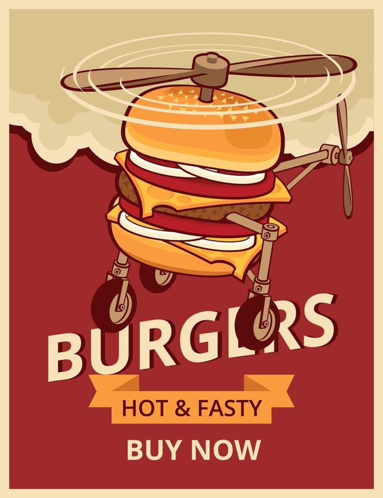 Burger poster for fast food. Hot and tasty burger buy now banner design illustration. vector