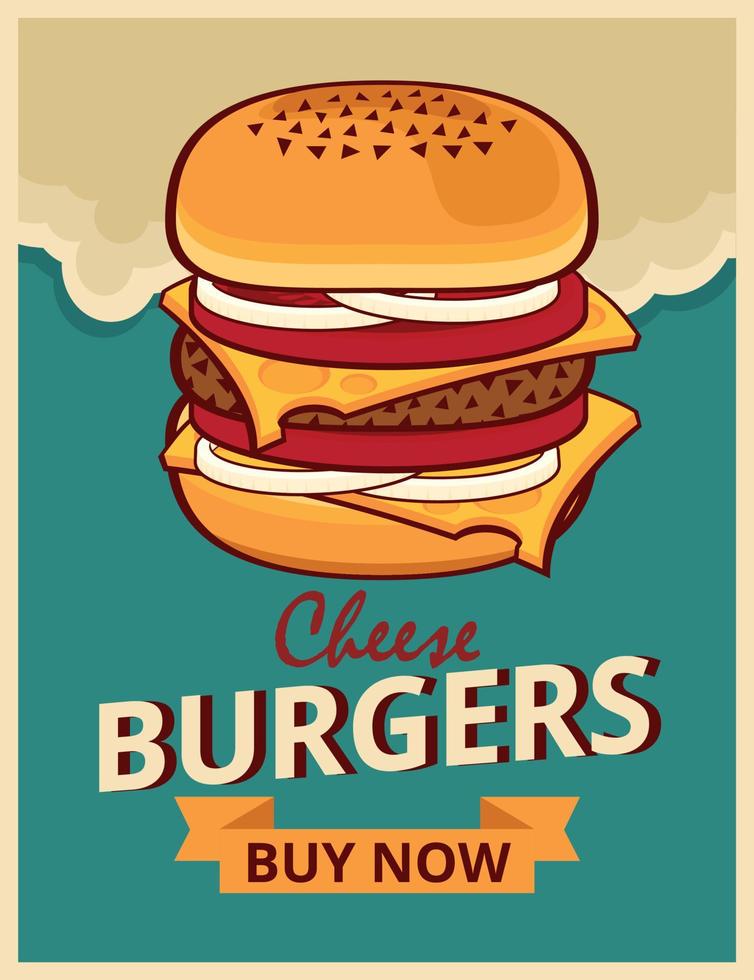 diseño de afiches de hamburguesas con queso. Ilustración de vector de diseño de banner de tienda de comida rápida.