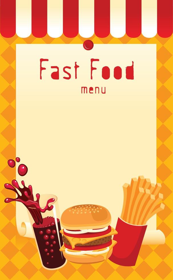 Vector fast food menu with Burger, French fries, soda vector illustration.