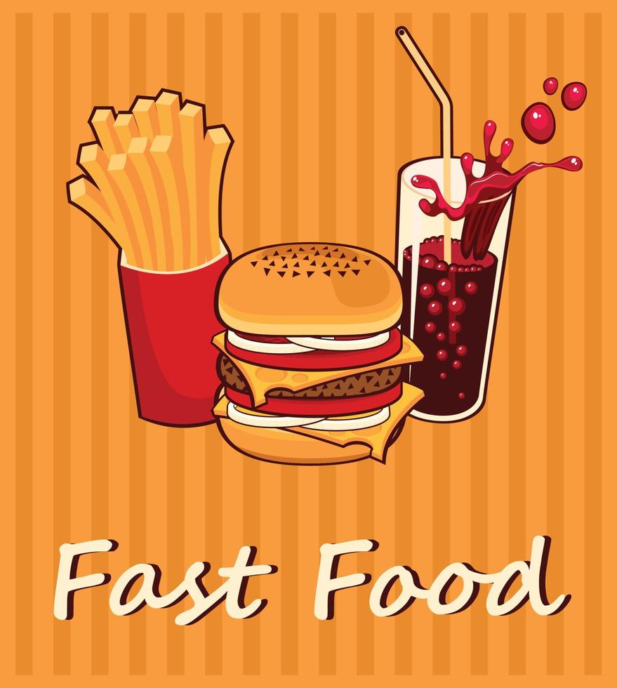 plantilla de diseño de volante de hamburguesa con refrescos y papas fritas. diseño vectorial para pancarta, afiche, volante, portada, menú, folleto. vector