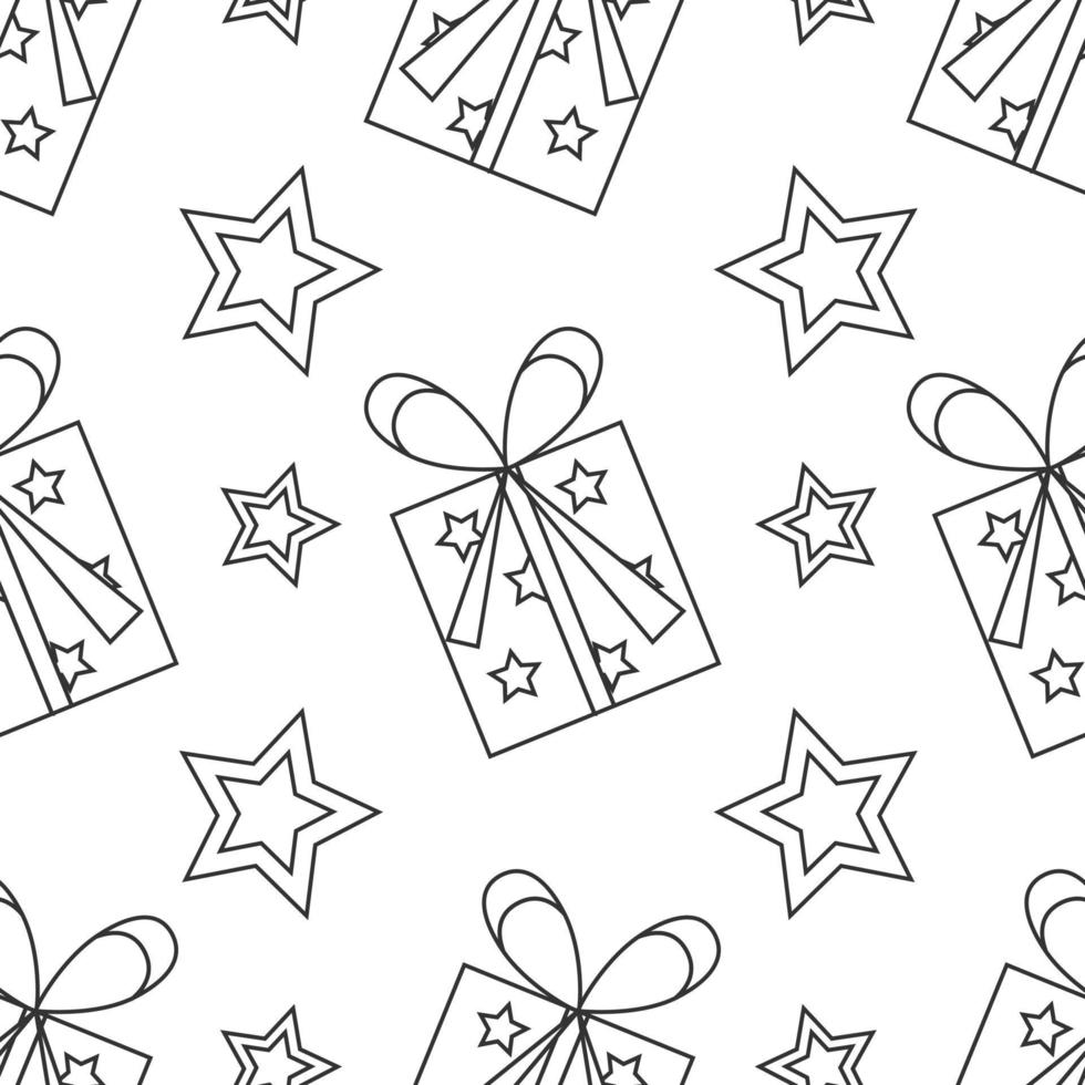 Vector seamless black and white pattern. Gift and stars