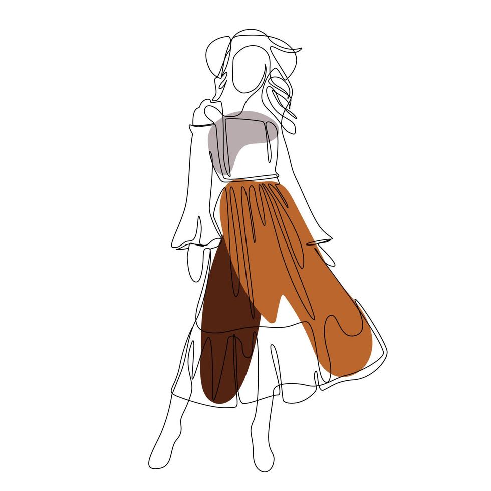 Boho woman abstract outline one line drawing color shapes beige and brown continuous in hat and skirt vector