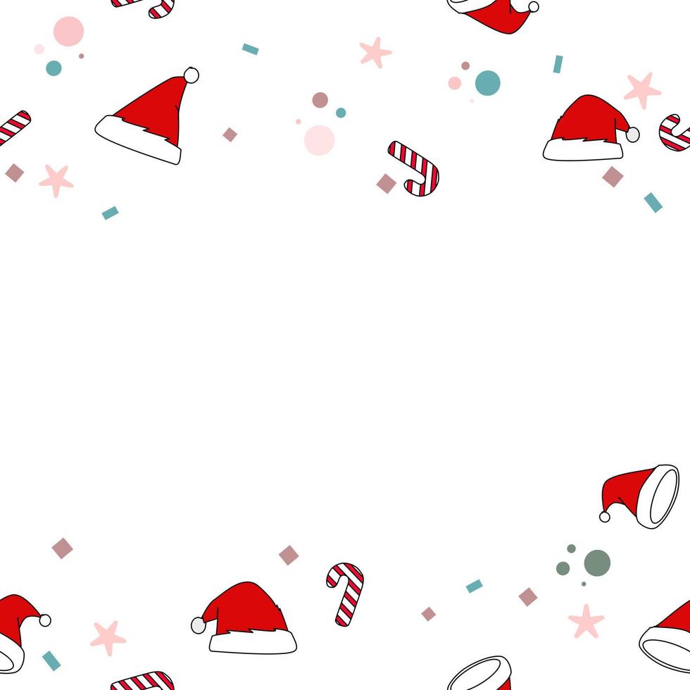 Santa Claus hat snow candy cane snowflake scarf isolated. Gift wrap paper doodle design. Christmas pattern vector. vector