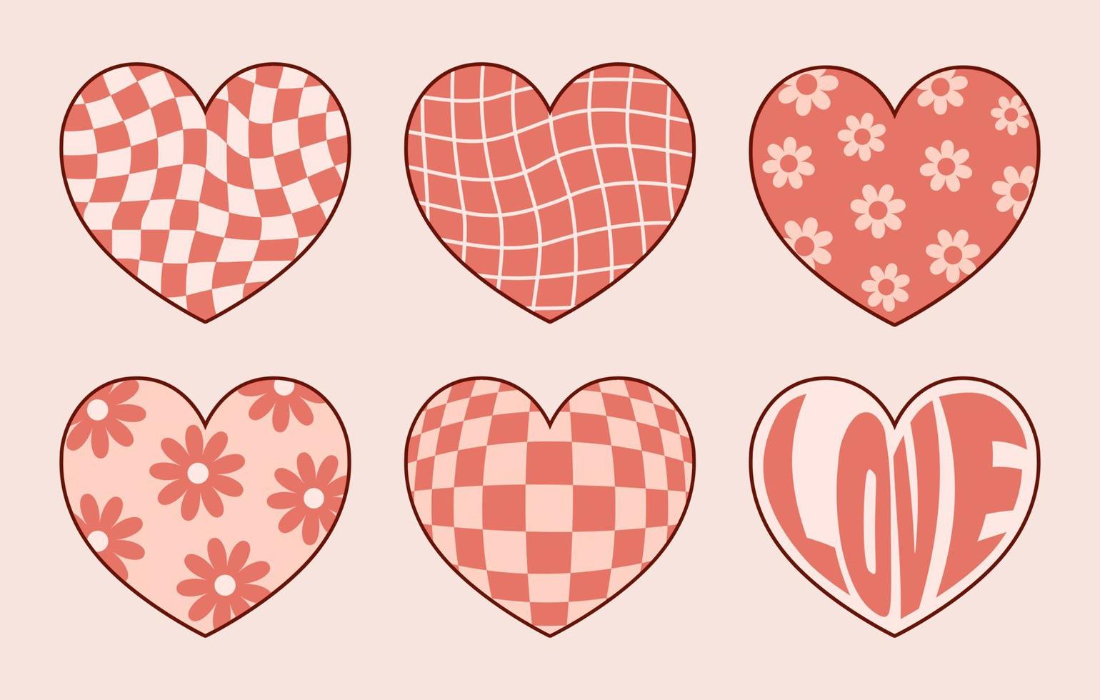 Set of retro hippie romantic heart stickers. Groovy design elements for Valentine's day. vector