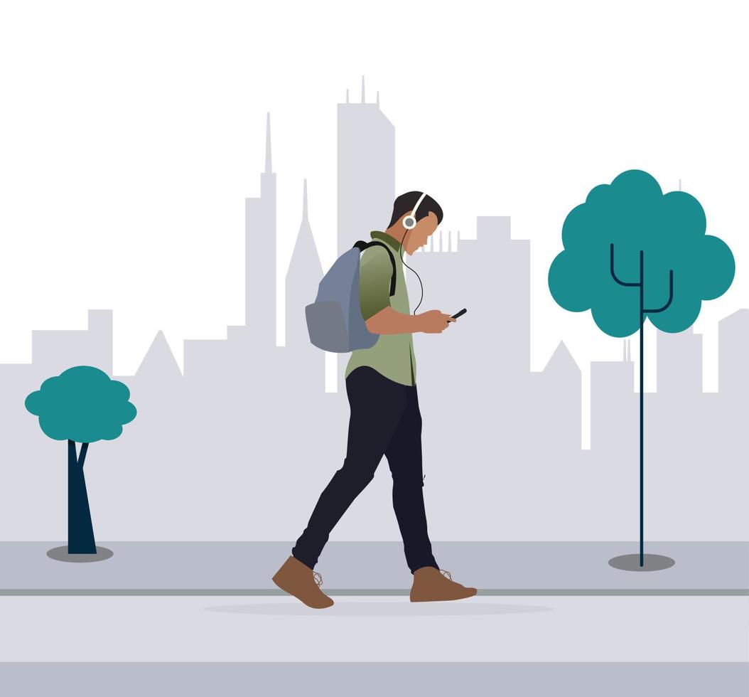 man walking on the street while listening Musing vector illustration