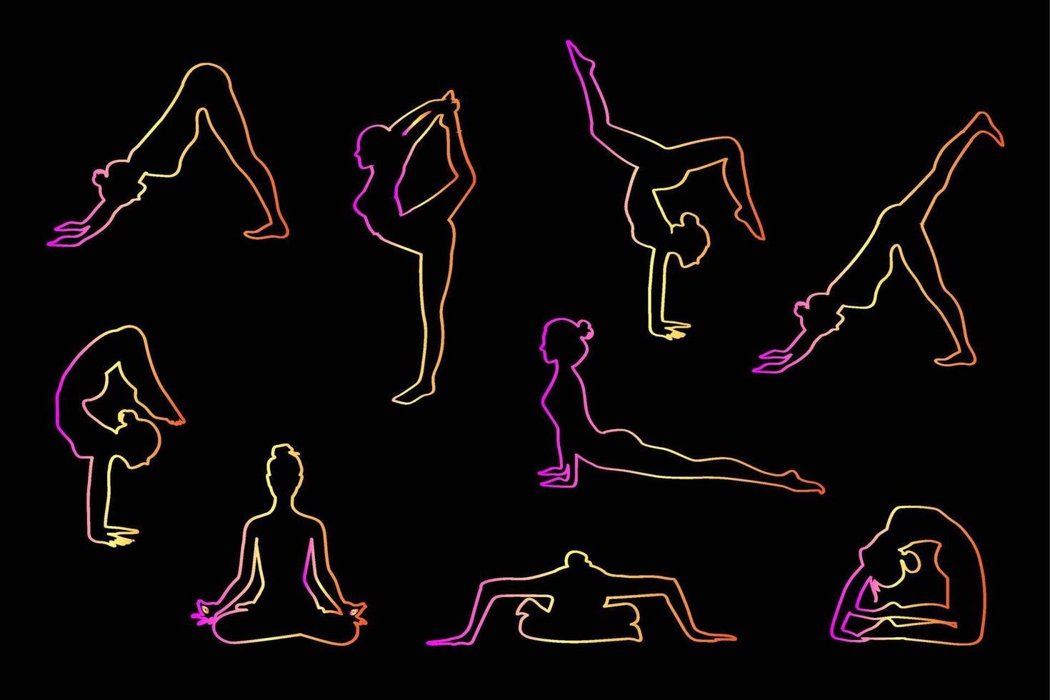 Set of slim sportive young woman doing yoga or fitness exercises. vector