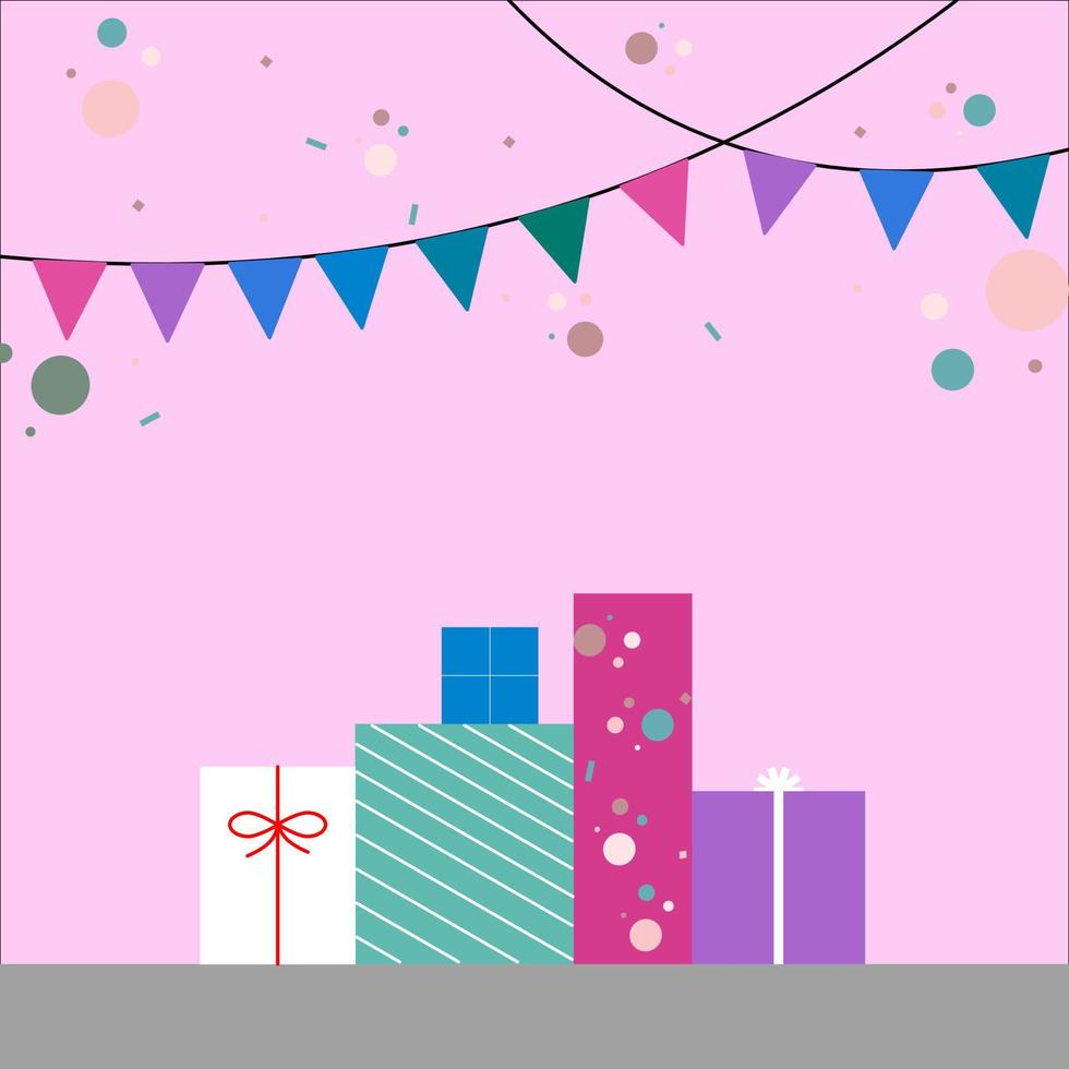 cajas de regalo con confeti de banderas de fiesta de colores sobre fondo rosa. vector
