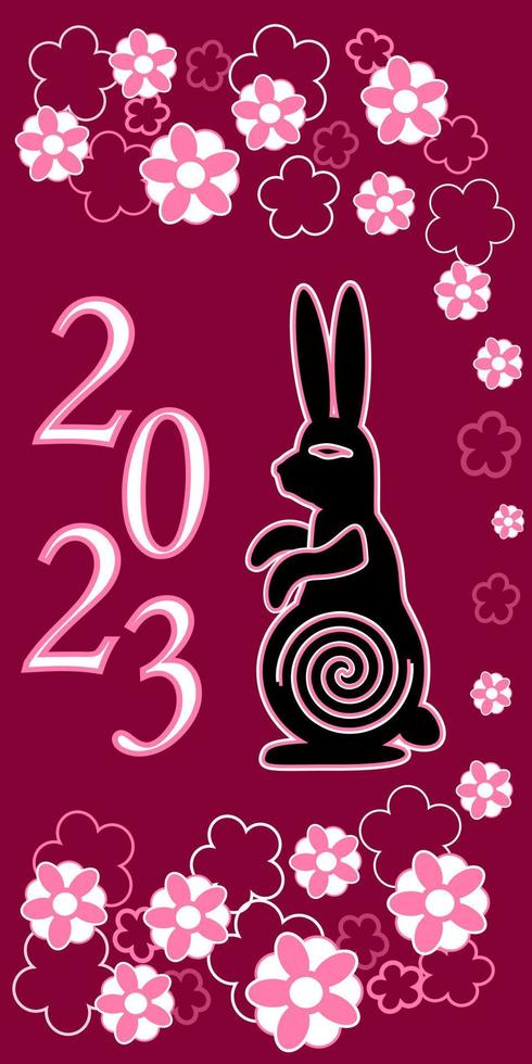 new year 2023 black rabbit raspberry background vector