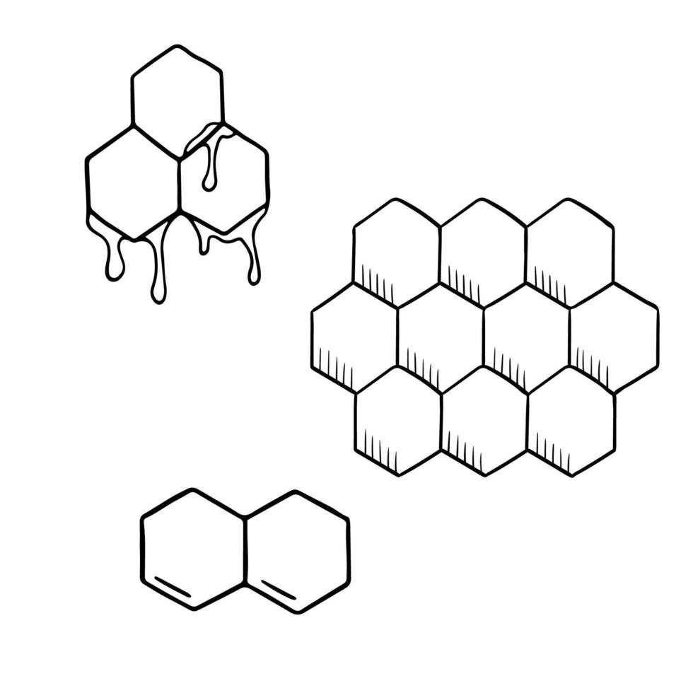 conjunto de iconos de panal. panales con gotas de miel actuales. ilustración de fideos vectoriales en blanco y negro aislada en fondo blanco. vector