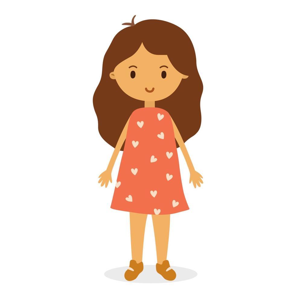 Cute girl in red dress. Simple vector character in flat style isolated on white