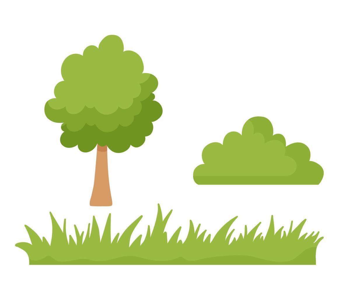 Tree, grass and bush isolated on a white background. Vector cartoon illustrations