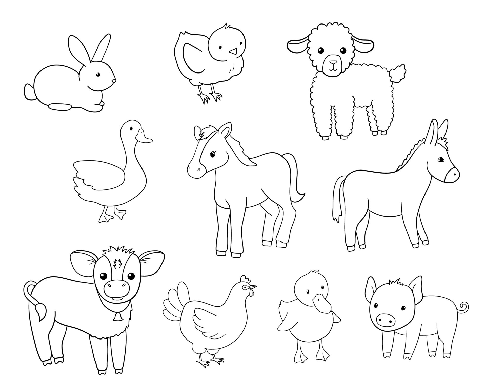 Cute outline calf horse pig and duck Hand drawn line illustration