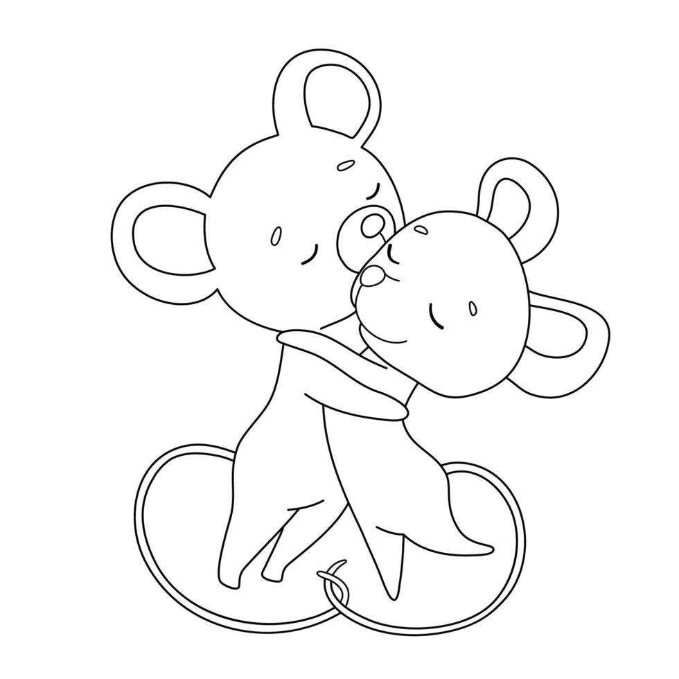 Two little mice kissing and hugging. Cute family in love. Vector outline illustration isolated on white background for coloring book