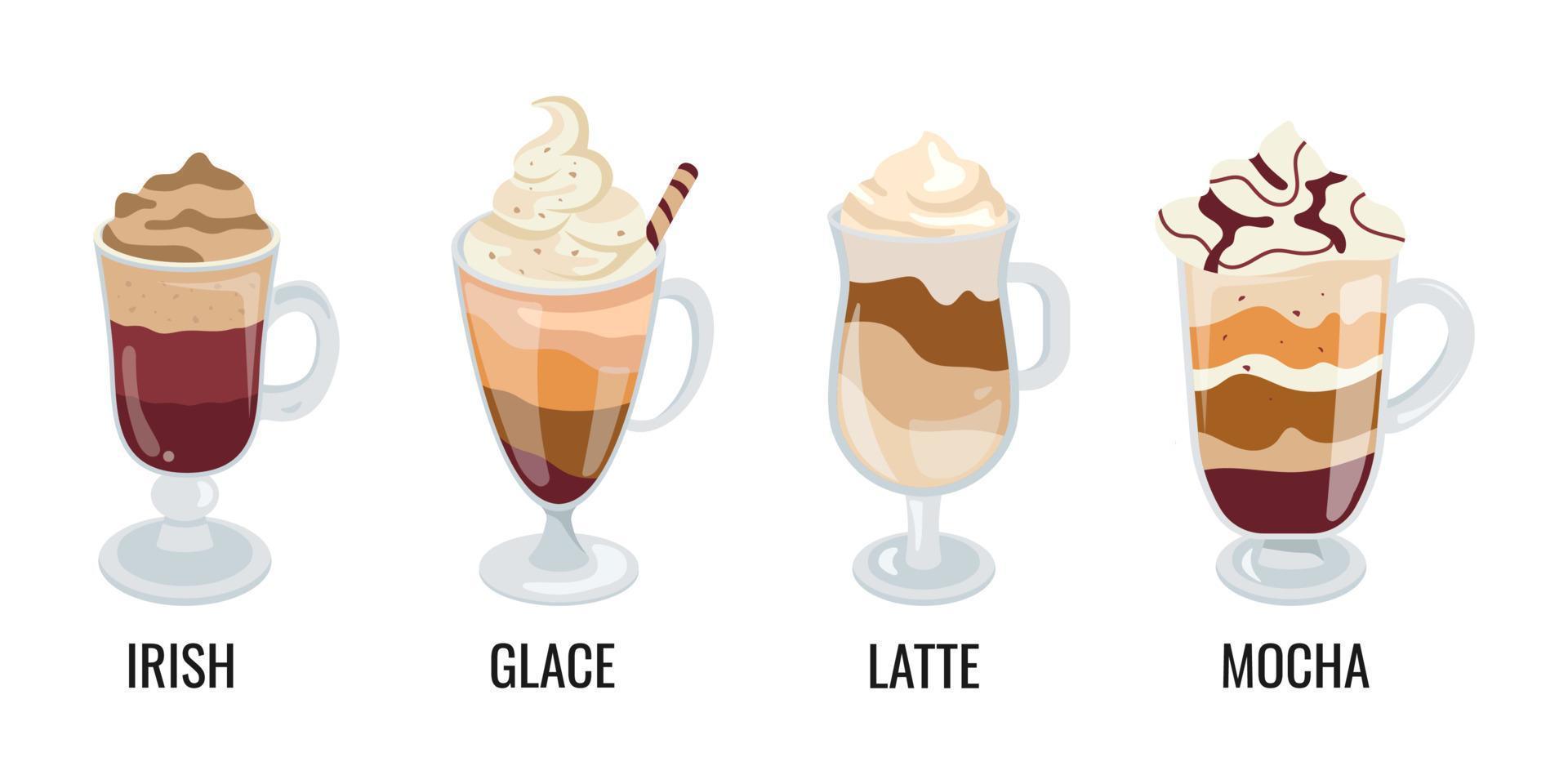 Set of Coffee drinks in glass mugs. Vector illustration. Coffee with Cream.