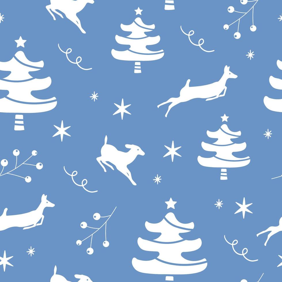 Christmas Seamless Pattern with Deers and Snowflake on blue. Winter holiday Pattern for your design. Concept of Winter holiday. Vector illustration.