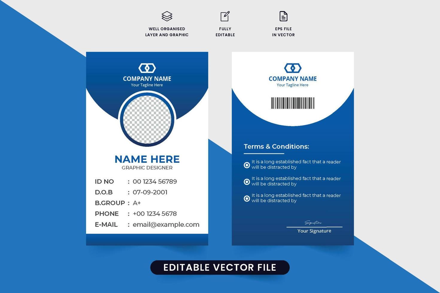 diseño de plantilla de tarjeta de identidad de empresa con color azul oscuro y formas geométricas. vector de tarjeta de identificación de organización con marcadores de posición de fotos. diseño moderno de tarjetas de identificación de empleados de negocios.