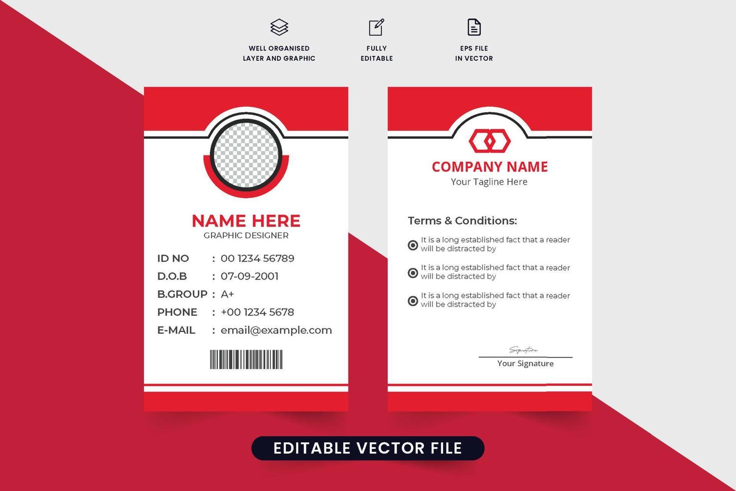 diseño creativo de tarjeta de identificación comercial con marcador de posición de foto para usos académicos o de oficina. vector de plantilla de tarjeta de identidad con color rojo. vector de tarjeta de identificación de empleado o estudiante para empresa corporativa.