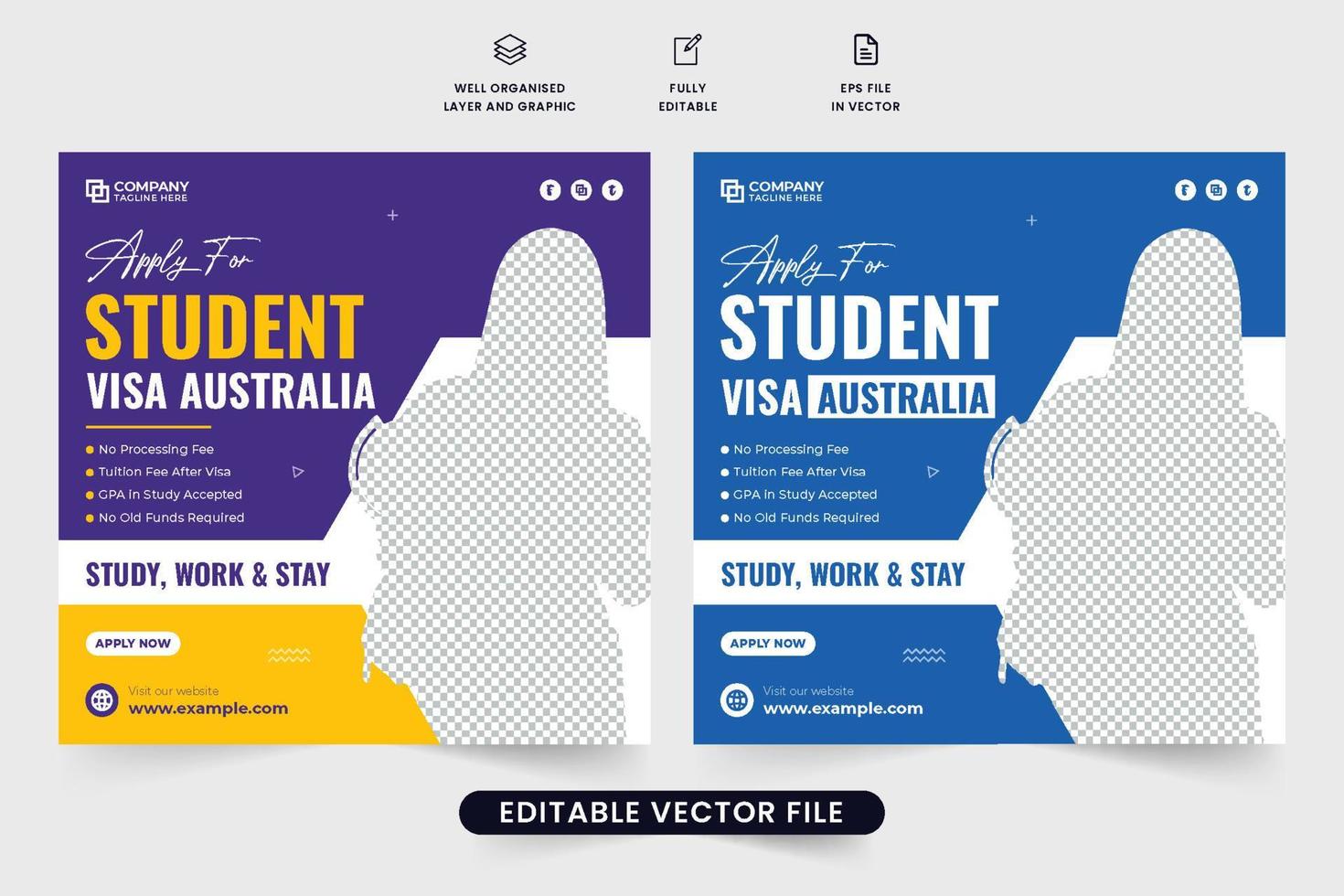 Abroad scholarship and education facilities advertisement template with purple and blue colors. Study abroad social media post vector for marketing. University admission and study web banner design.