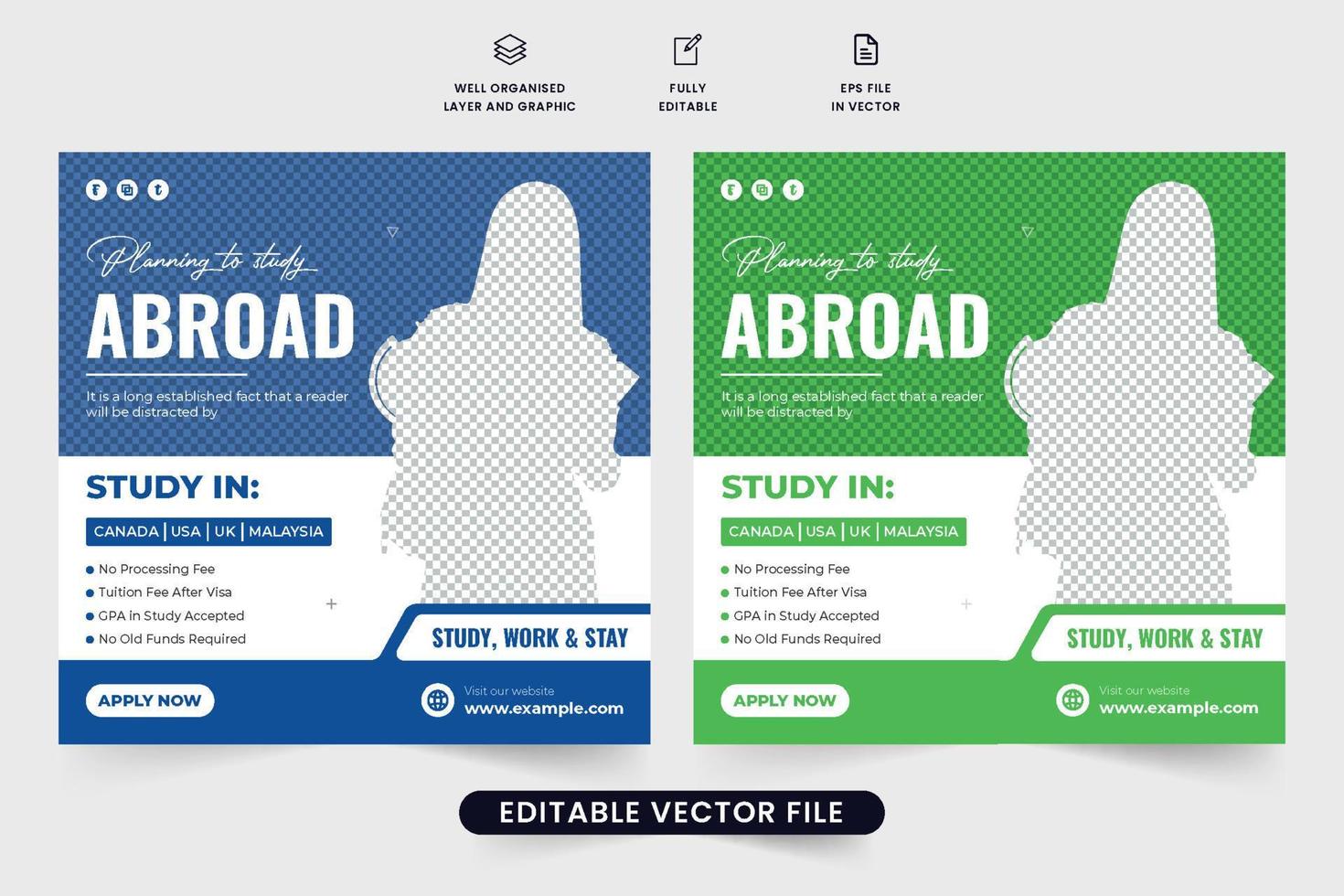 Abroad education promotional web banner template for social media marketing. University admission advertisement poster design with photo placeholders. Abroad study social media post vector. vector