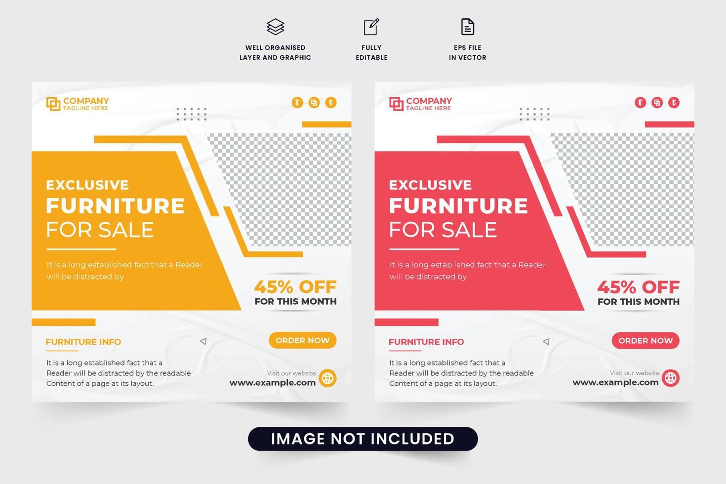 Furniture social media post vector with photo placeholders. Modern furniture sale web banner with red and yellow colors. Special furniture store discount template design. Home appliances promotion.