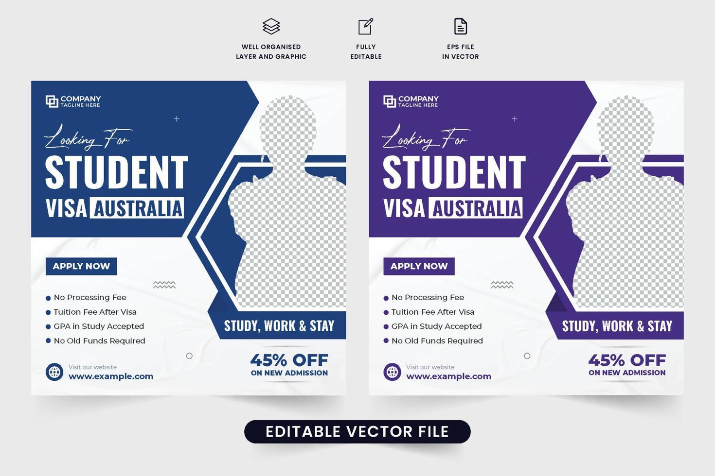 Student application and study abroad promotional template design for social media marketing. Modern abroad education facilities poster design with photo placeholders. Abroad study agency web banner. vector