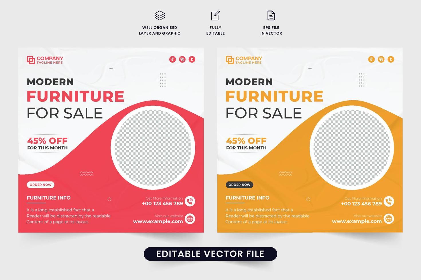 Vector de banner web de promoción de tienda de muebles modernos con colores rojo y amarillo. venta de muebles plantilla de publicación en redes sociales para marketing digital. diseño de carteles publicitarios de descuento de muebles.