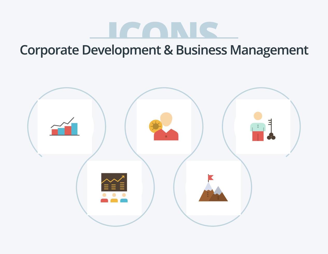 desarrollo corporativo y gestión empresarial paquete de iconos planos 5 diseño de iconos. diagrama de flujo crecimiento. logro. montaña vector