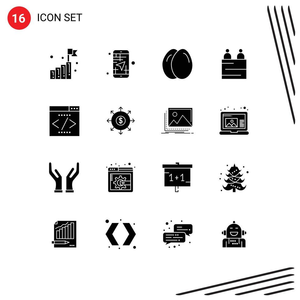 Group of 16 Solid Glyphs Signs and Symbols for interface teamwork travel people business Editable Vector Design Elements
