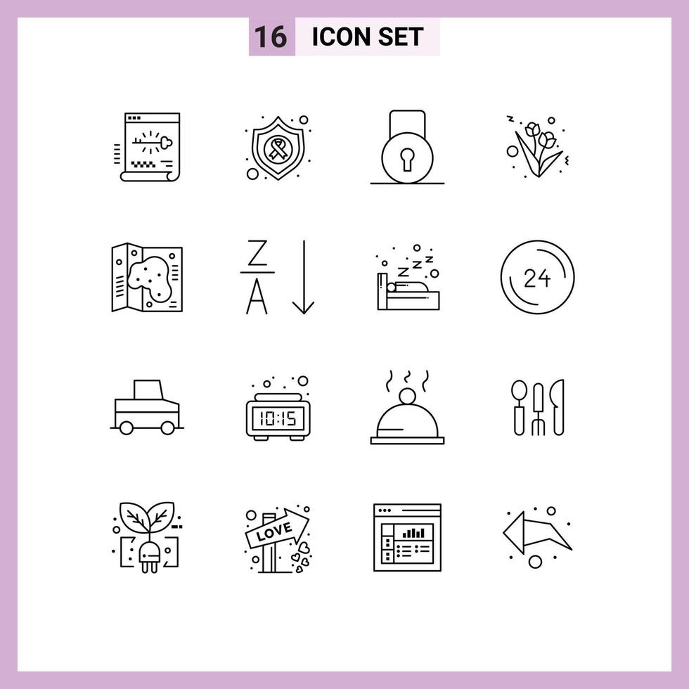16 Universal Outlines Set for Web and Mobile Applications location tulip cancer present security Editable Vector Design Elements