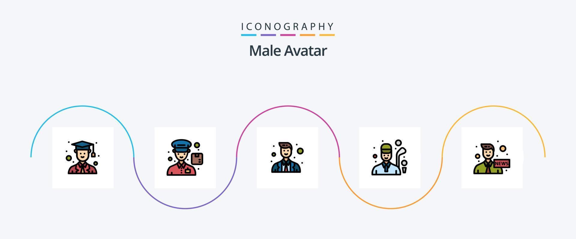 Male Avatar Line Filled Flat 5 Icon Pack Including news. communication. officer. anchor. golfing vector