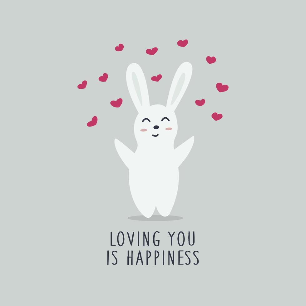 Cute hare and many hearts. Hand drawn vector valentine