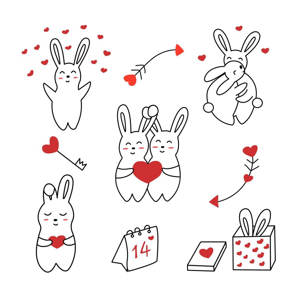 Set of hares or bunnies for Valentines Day. Vector
