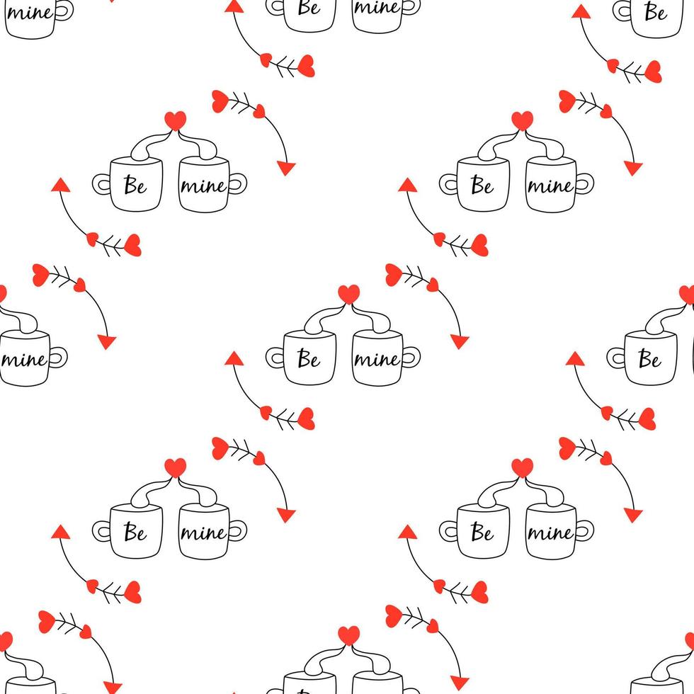 Seamless pattern. Two mugs with a red heart. Vector