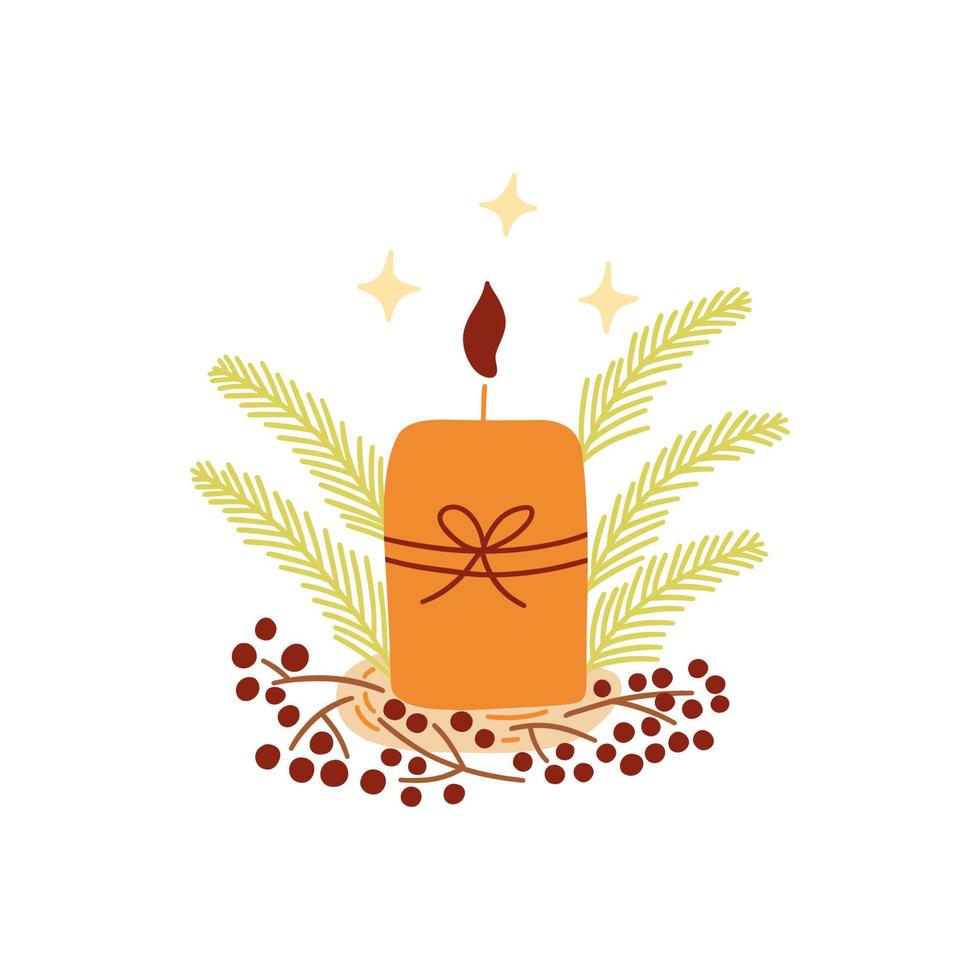 Candle with spruce branches and holly berries. Vector icon