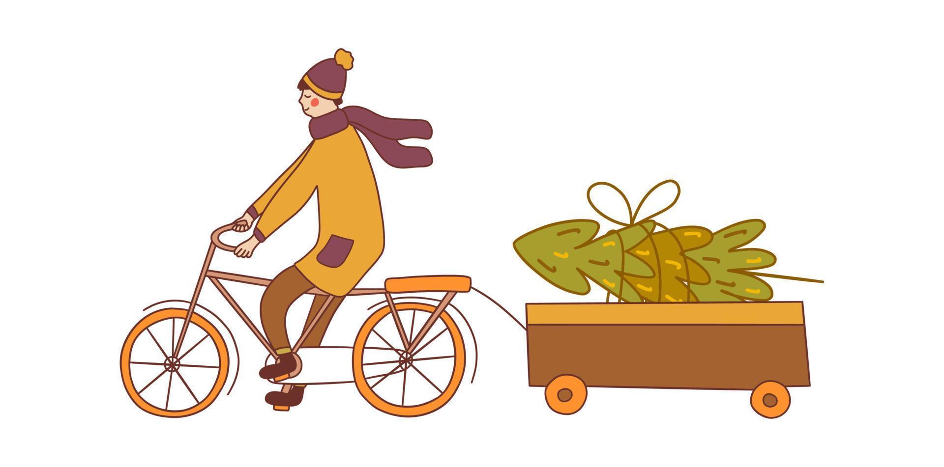 el hombre monta en bicicleta y empuja el árbol de navidad. tarjeta vectorial vector