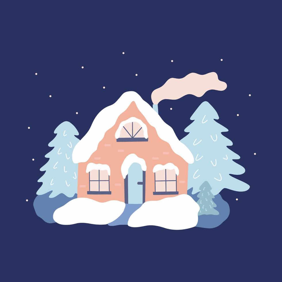 Cozy house in the forest. Winter card vector