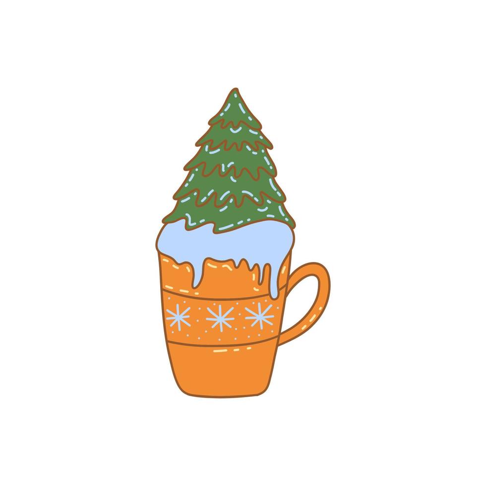 taza con bebida caliente y árbol de navidad. tarjeta vectorial vector