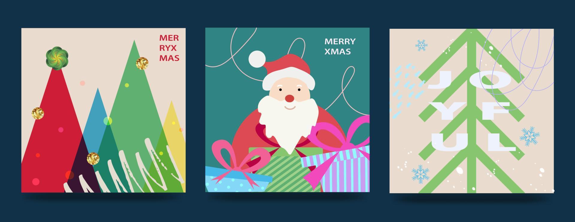 Merry Christmas and Happy New Year Set of greeting cards, posters, holiday covers. Modern Xmas design in blue, green, red colors. Christmas tree, balls, gifts. Vector