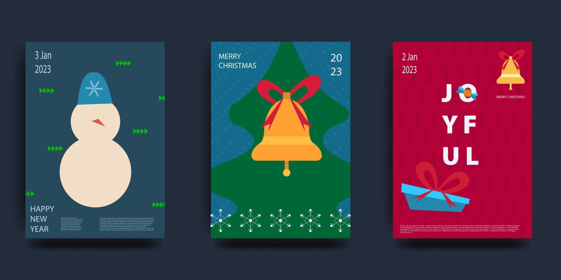 Merry Christmas and Happy New Year Set of greeting cards, posters, holiday covers. Modern Xmas design in blue, green, red colors. Christmas tree, balls, gifts. Vector illustration