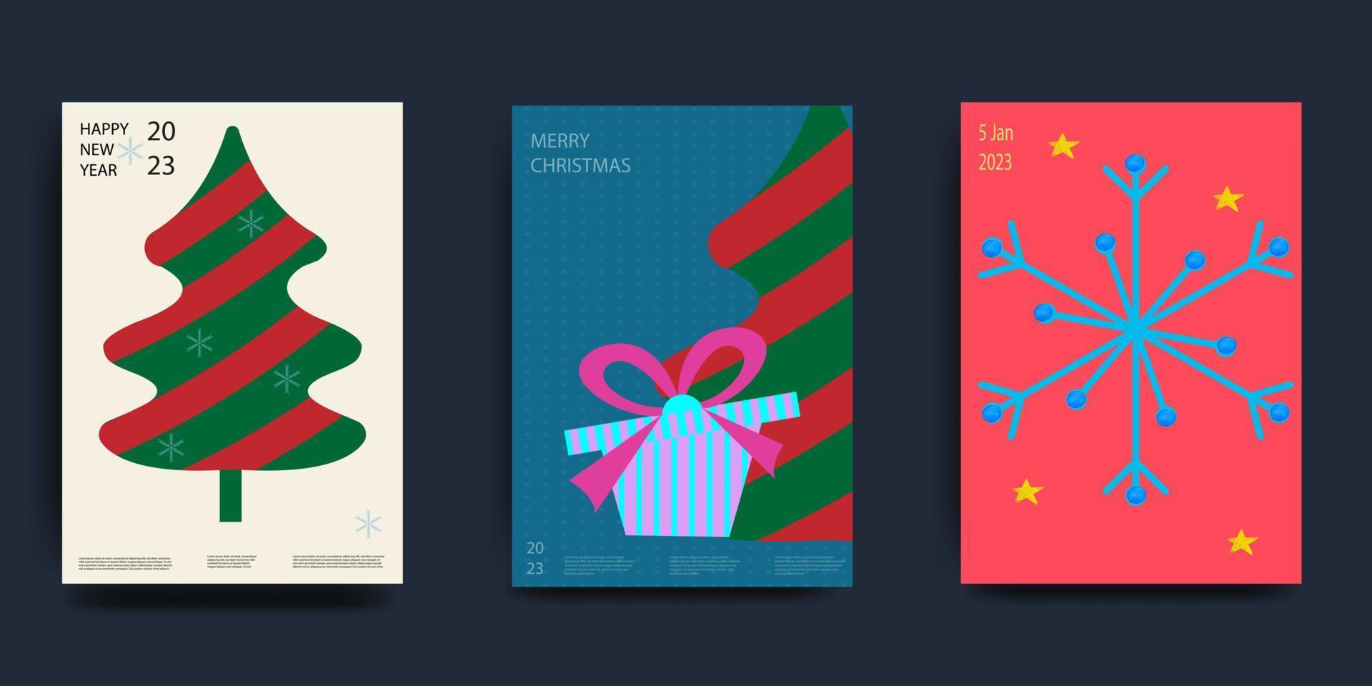 Merry Christmas and Happy New Year Set of greeting cards, posters, holiday covers. Modern Xmas design in blue, green, red colors. Christmas tree, balls, gifts. Vector