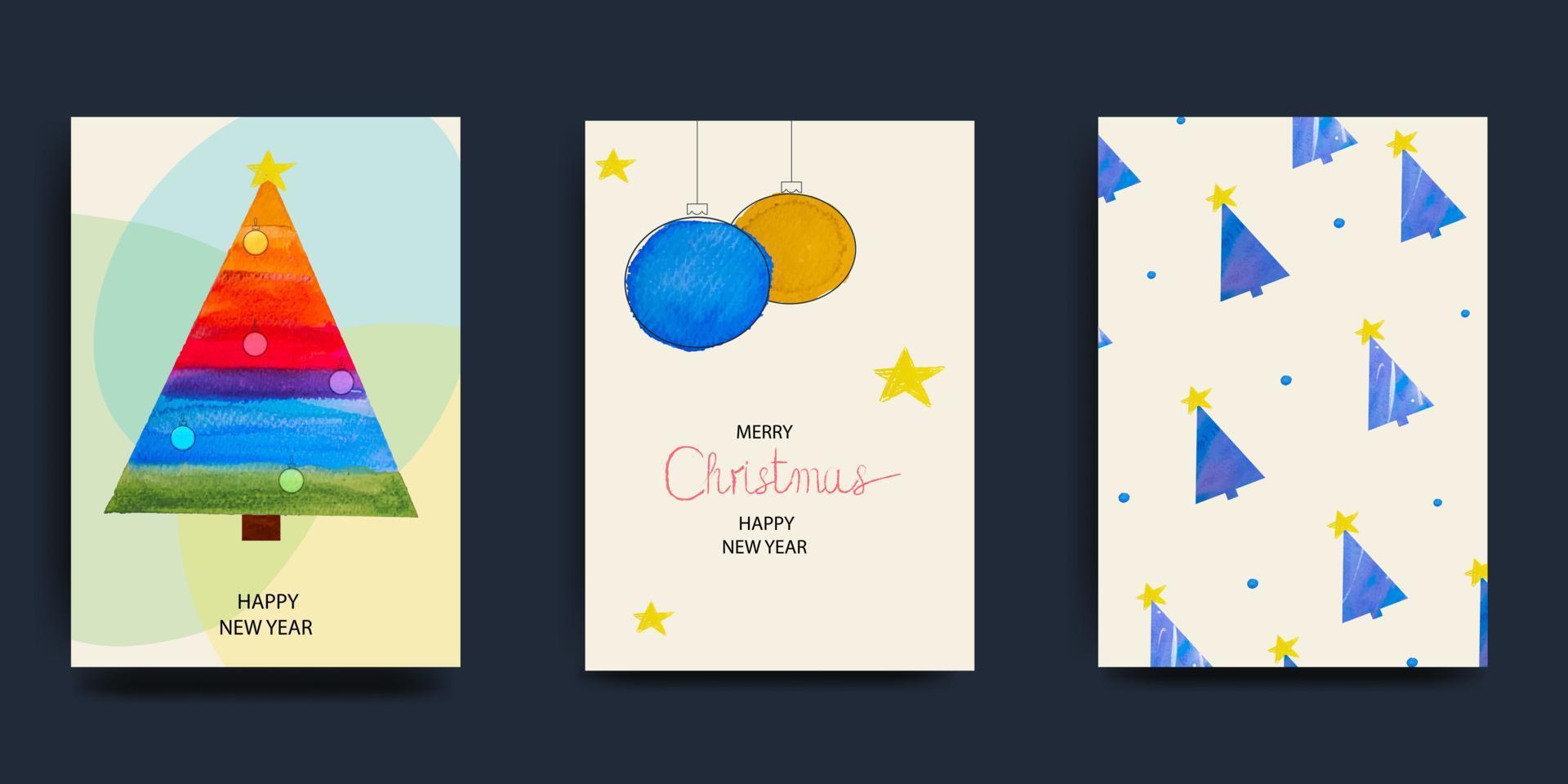feliz navidad y feliz año nuevo conjunto de tarjetas de felicitación, carteles, portadas navideñas. diseño navideño moderno en colores azul, verde y rojo. árbol de navidad, bolas, regalos. vector